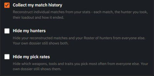 The match history switches in account settings: Collect my match history, Hide my hunters and Hide my pick rates