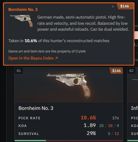A pinned weapon card above its pick-rate card, with a close button beside the price