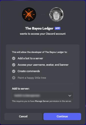 Discord's authorization screen for adding The Bayou Ledger bot to a server