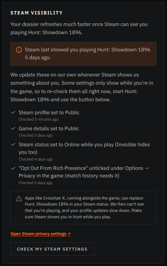 The Steam visibility panel: when Steam last showed you playing, four settings each ticked with when it was checked, a warning about apps like Crosshair X, and the Check my Steam settings button
