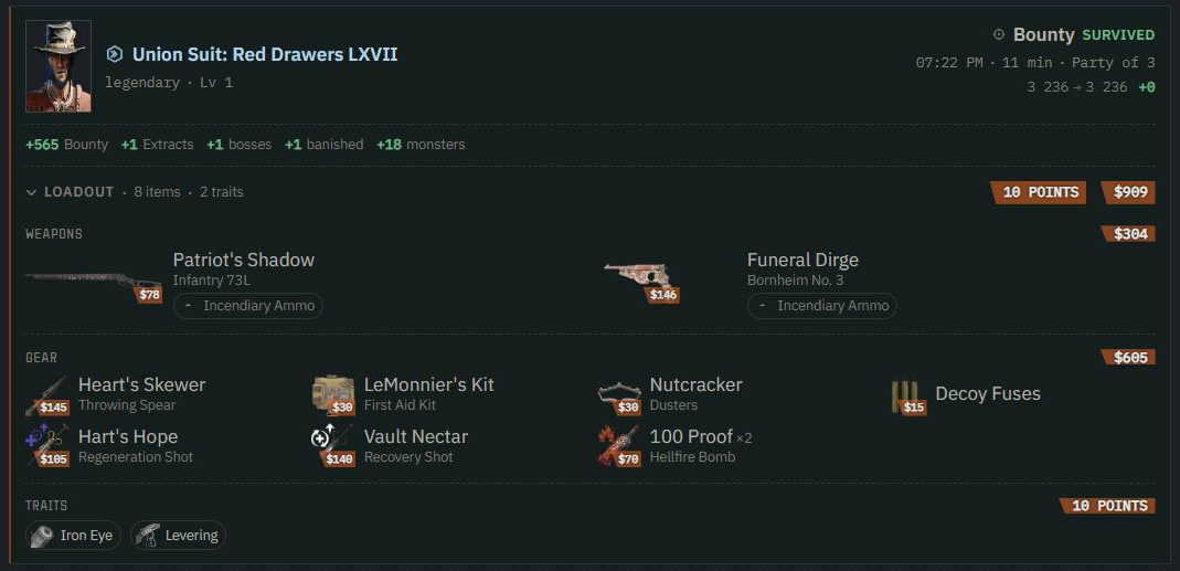 A match entry with its loadout open: two weapons with incendiary ammo, six gear items and two traits, each with its price