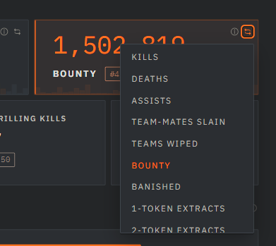 The stat picker open on a dossier's Bounty box, listing the ranked stats the box can be switched to - kills, deaths, assists, team-mates slain, teams wiped, bounty, banished and the token extracts