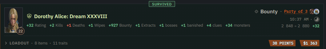 A match entry with two teammates' avatars next to "Party of 3", and a small clock by the match time