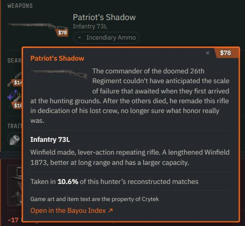 The card for a legendary rifle: its description, the base weapon it is built on, how often it was taken, and a link to the Bayou Index
