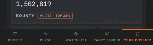 The bottom navigation bar on a phone: Roster, Pulse, Watchlist, Party Finder and Your dossier, with Your dossier lit