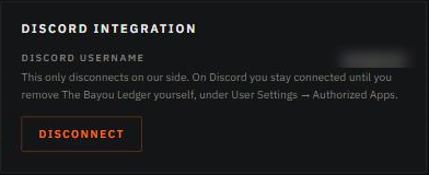 The Discord integration card on the account page, showing a linked account