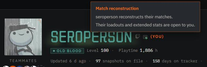 The Match reconstruction mark next to a hunter's name, with its card saying their matches are open to you