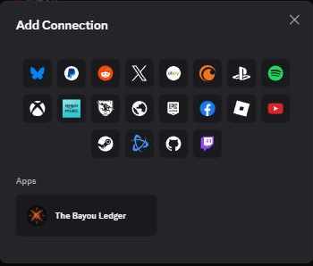Discord's Add Connection window with The Bayou Ledger listed under Apps